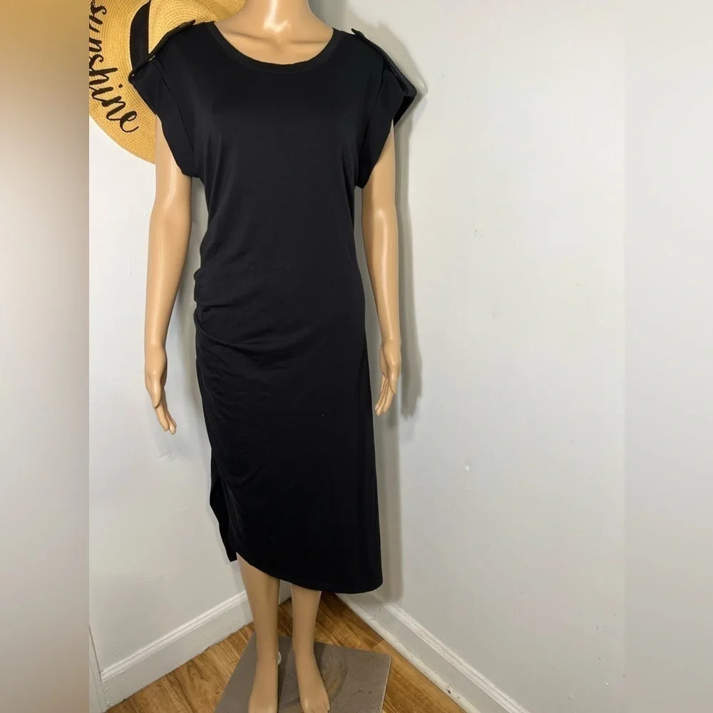 Lauren Ralph Lauren, 12 black label, logo roll tab short sleeve,ruched side midi